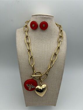 Gold-Tone Chain Necklace with Red Medallion Bee and Heart Charm